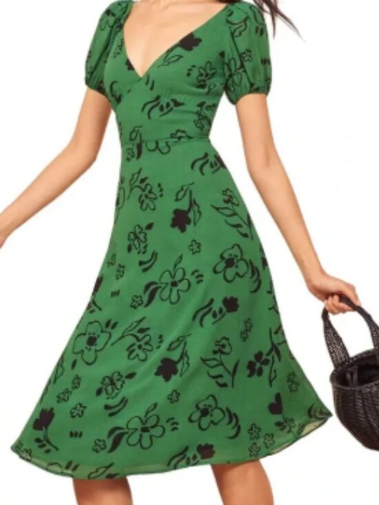Reformation Dresses & Skirts - ✨ Reformation "Kacey" Green and Black Floral Puff-Sleeve Bias Midi Dress Size 6✨